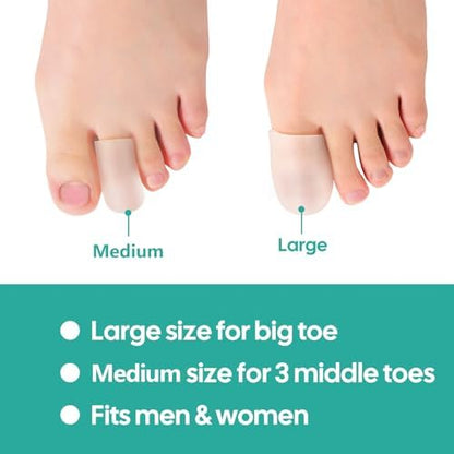 Transparent toe protectors applied to toes to prevent blisters and corns.