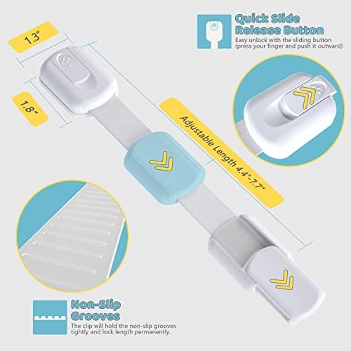 Adjustable baby safety strap lock applied on a white kitchen drawer corner