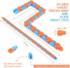 Multicolored 24 link jointed plastic snake puzzle chain being bent into shapes
