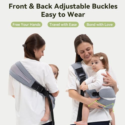 COSDIG adjustable sling carrier for 25 to 60 lbs showing mountaineering grade safety buckles
