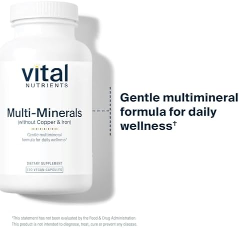 Vital Nutrients hypoallergenic multi mineral capsules showcasing allergy free certification seals.