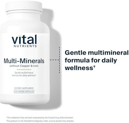 Vital Nutrients hypoallergenic multi mineral capsules showcasing allergy free certification seals.