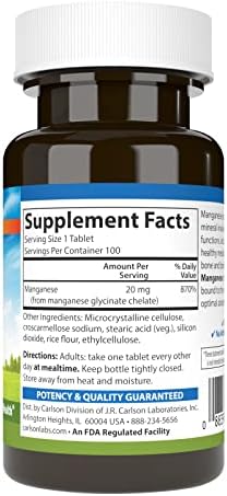 Carlson Chelated Manganese supplement facts label