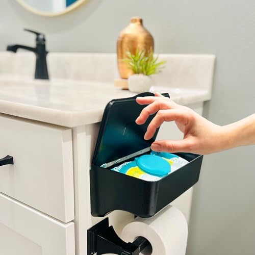 Side angle view of Storage Theory adhesive wipes dispenser and shelf