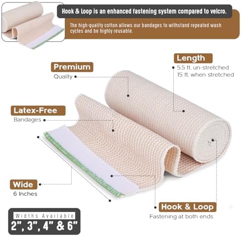 6 inch wide latex free compression bandage with hook and loop closure.