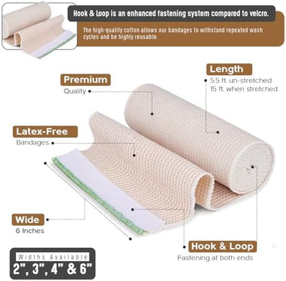 6 inch wide latex free compression bandage with hook and loop closure.