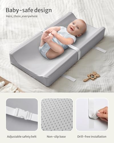 Contoured baby changing pad with safety straps installed