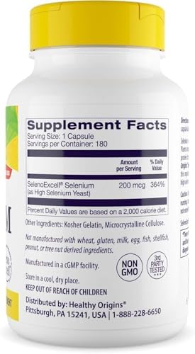 Healthy Origins Selenium dietary supplement packaging showing clean non-GMO formula details