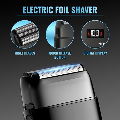 Novah detail trimmer and professional foil shaver displayed next to their respective attachments for beard styling.