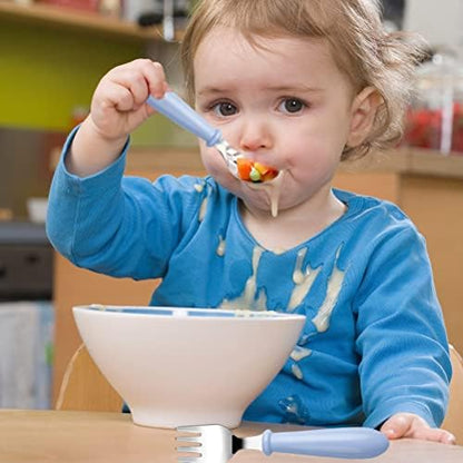 Top view of Pimoys 6 piece stainless steel toddler set