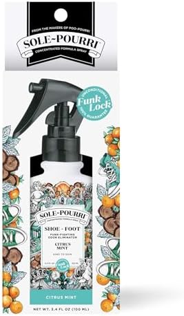 Applying Sole-Pourri spray to sneakers for instant freshness
