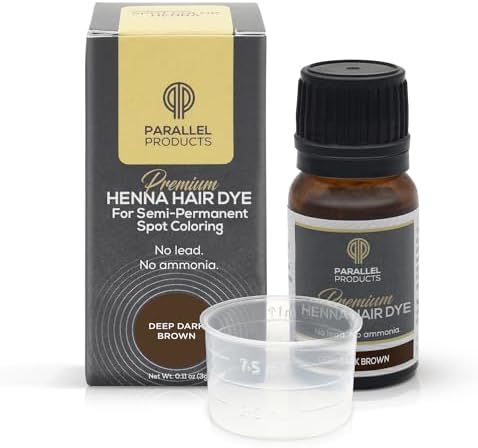 Parallel Products henna hair dye bottle alongside the included plastic mixing dish for root touch ups