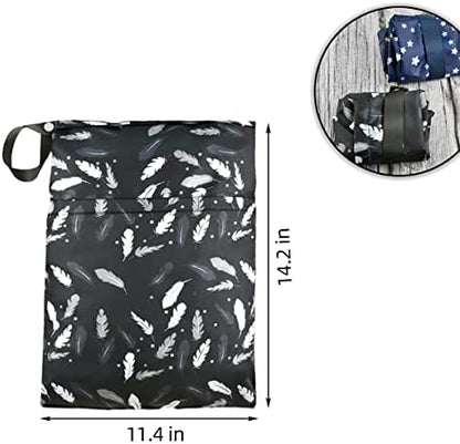 Flat lay of Yuntop reusable wet dry bags with feather and star patterns