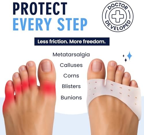 Dr. Frederick's Original Metatarsal Pads worn on a foot for pain relief.