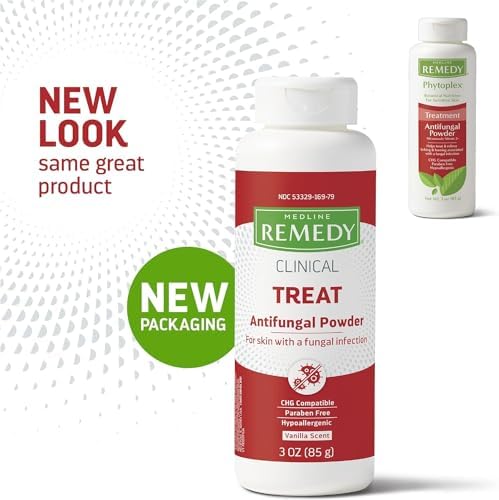 Talc-free antifungal powder bottle standing upright showcasing the vanilla scent feature.
