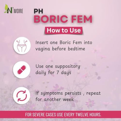 N'More BoricFem 100 percent pure boric acid pharmaceutical grade supplement.