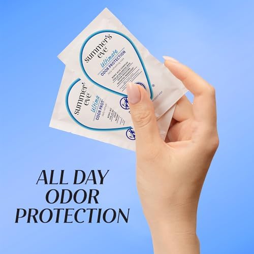 Individually wrapped Summer's Eve boric acid wipes spread out to show portable travel-friendly design.