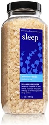 Authentic USA imported Bath & Body Works lavender and vanilla aromatherapy calming sea salt bath additive packaging details.
