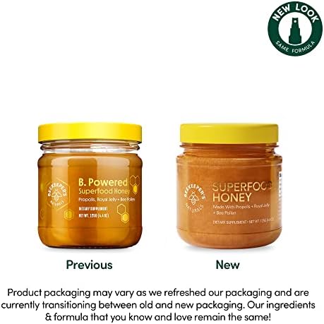 Side angle of BeeKeeper's Naturals premium honey supplement featuring certified paleo and gluten-free seals.