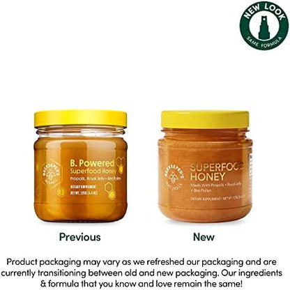 Side angle of BeeKeeper's Naturals premium honey supplement featuring certified paleo and gluten-free seals.
