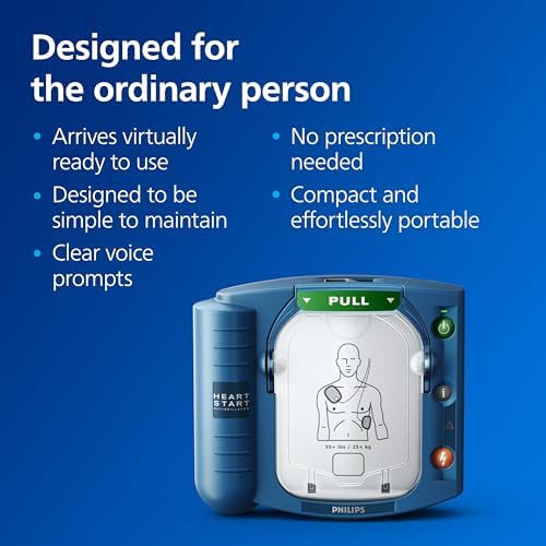 Philips portable defibrillator with adult SMART pads cartridge pre-installed.