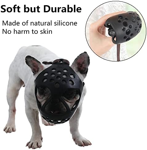 Sizing instruction diagram demonstrating how to measure a flat-faced dog for a short snout muzzle.