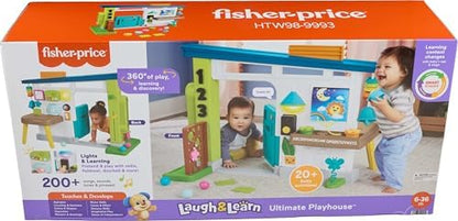Fisher-Price electronic home playset packaging showing all nine pretend play accessories