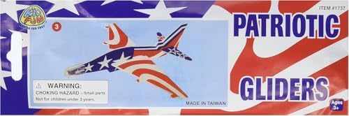 Multiple assembled U.S. Toy foam airplanes arranged to display the various patriotic designs.