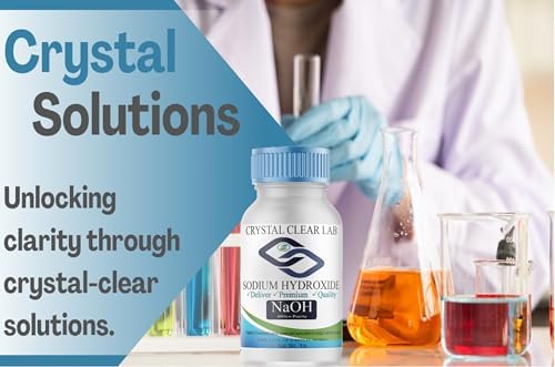 Premium anti static caustic soda lye beads by Crystal Clear Lab showcasing secure childproof packaging.