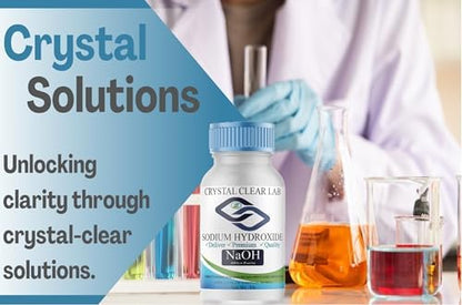 Premium anti static caustic soda lye beads by Crystal Clear Lab showcasing secure childproof packaging.
