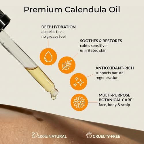 The 1 fluid ounce dropper bottle of plant based calendula face oil displayed on a clean background.