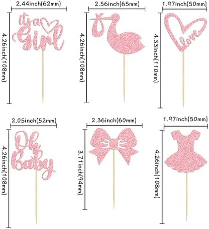 Pink glitter bow cupcake toppers for baby shower