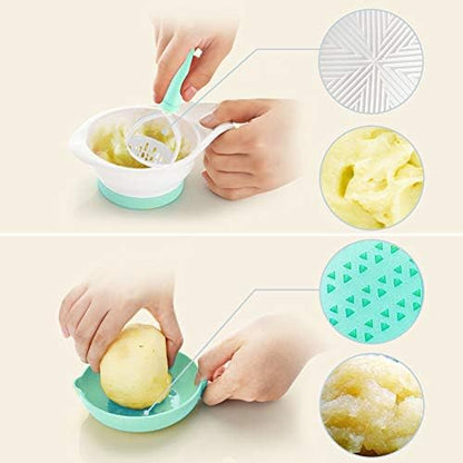 All five pieces of the mint green Matyz baby food preparation kit stacked neatly for storage