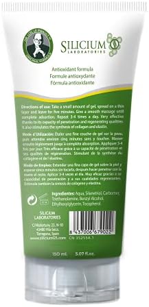 Silicium G5 transdermal silicon gel packaging showing ingredients and organic silica concentration