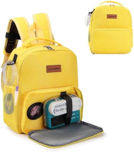 Pediatric enteral feeding pump backpack showing clear viewing window on front pocket