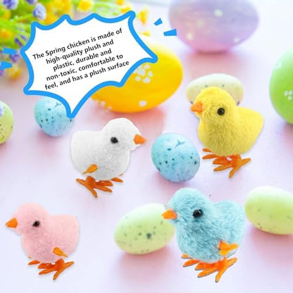 Fuzzy novelty chicken toys with orange feet showing winding key detail