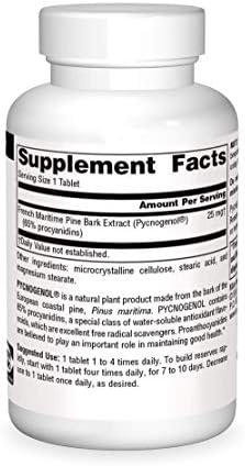 Back label of Source Naturals Pycnogenol showing ingredient facts and dosage directions.