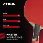 STIGA Pro Carbon multicolour table tennis racket angled view emphasizing the two millimeter sponge depth