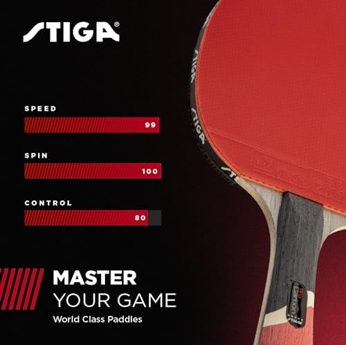 STIGA Pro Carbon multicolour table tennis racket angled view emphasizing the two millimeter sponge depth