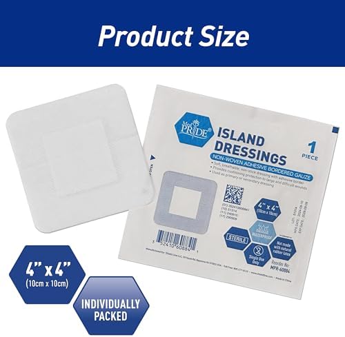 Individually wrapped MED PRIDE sterile four inch by four inch island dressing pouches demonstrating hygienic first aid storage.