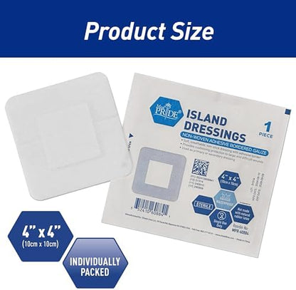 Individually wrapped MED PRIDE sterile four inch by four inch island dressing pouches demonstrating hygienic first aid storage.