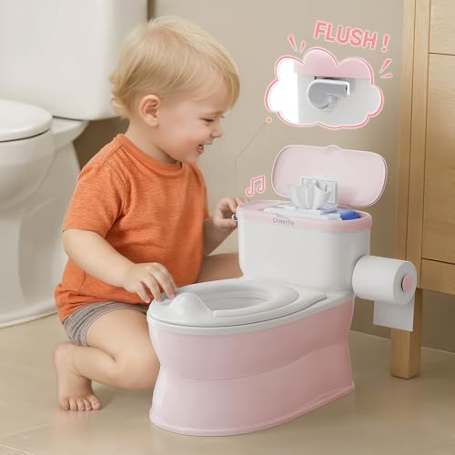 Side profile of CheerTry potty chair showing toilet paper holder