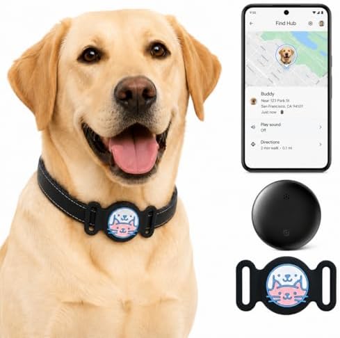 USA imported Android compatible dog GPS tracker attached to a pet collar.