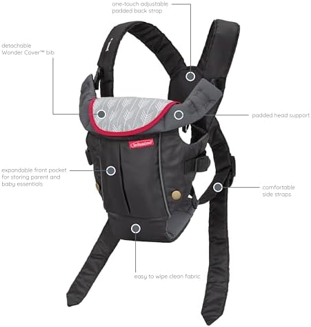 Infantino Swift Classic baby carrier folded compactly to demonstrate its travel-friendly stroller storage setup.