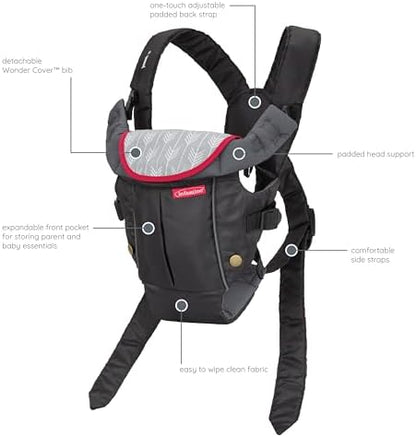 Infantino Swift Classic baby carrier folded compactly to demonstrate its travel-friendly stroller storage setup.