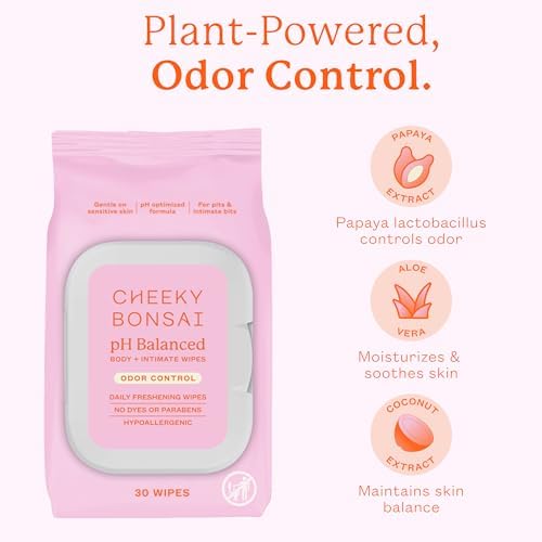 Gynecologist approved feminine hygiene wipes with prebiotics and aloe vera.