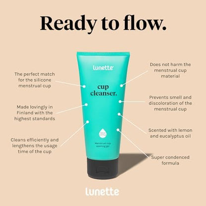Close up of Lunette liquid soap for sanitizing menstrual cups.