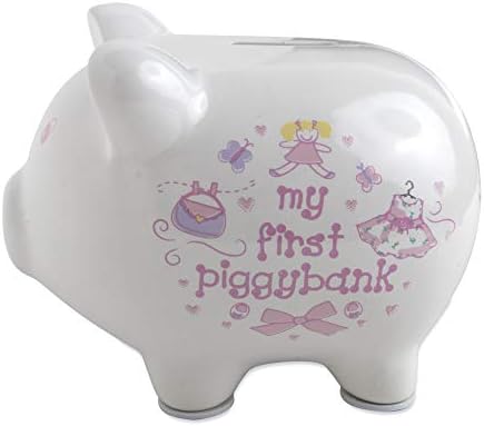 Baby Essentials My First Piggy Bank showing the top coin slot designed for paper bills and loose change.