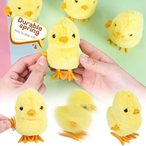 Four identical 3 Otters plush yellow jumping chicks arranged neatly on a flat surface for party favors