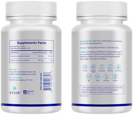 Stior pure salt tablets nutritional label displaying supplement facts and 1 gram sodium chloride dosage.